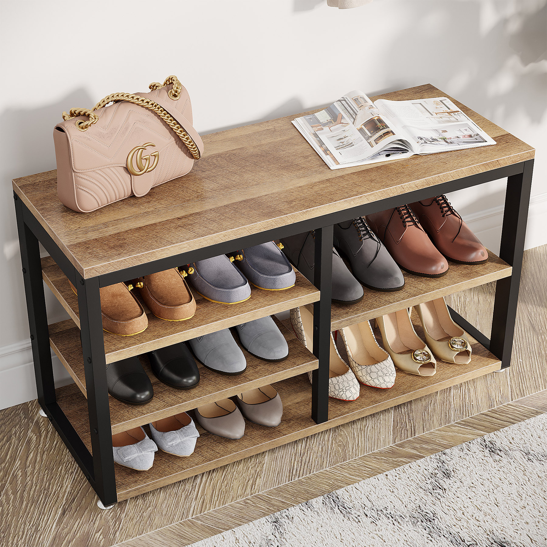 Wooden 5 Tier Shoe Rack With Coat Hanger And 3 Storage Cabinet Entryway Bench With Shoe Rack With High Load Capacity