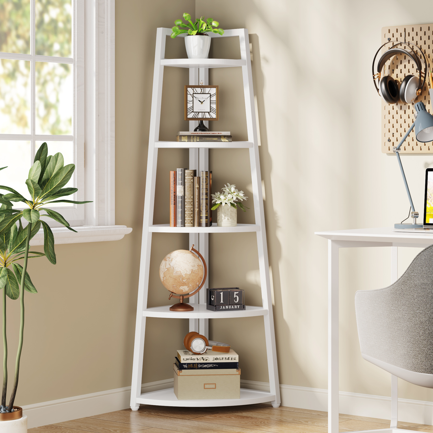 Modern White A-Shaped 5 Tier Bookshelf Corner Shelf For Narrow Corner Freestanding Shelf For Multi-Purpose