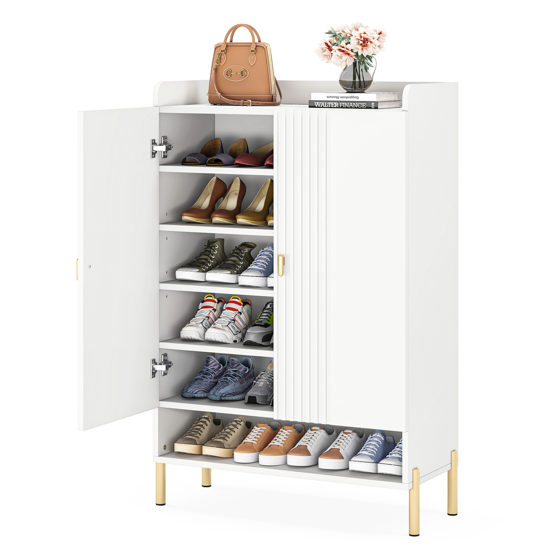 6 Tier Tall And Slim Wood Entrance Shoes Organizer Cabinet With Doors And Adjustable Shelves For Boots