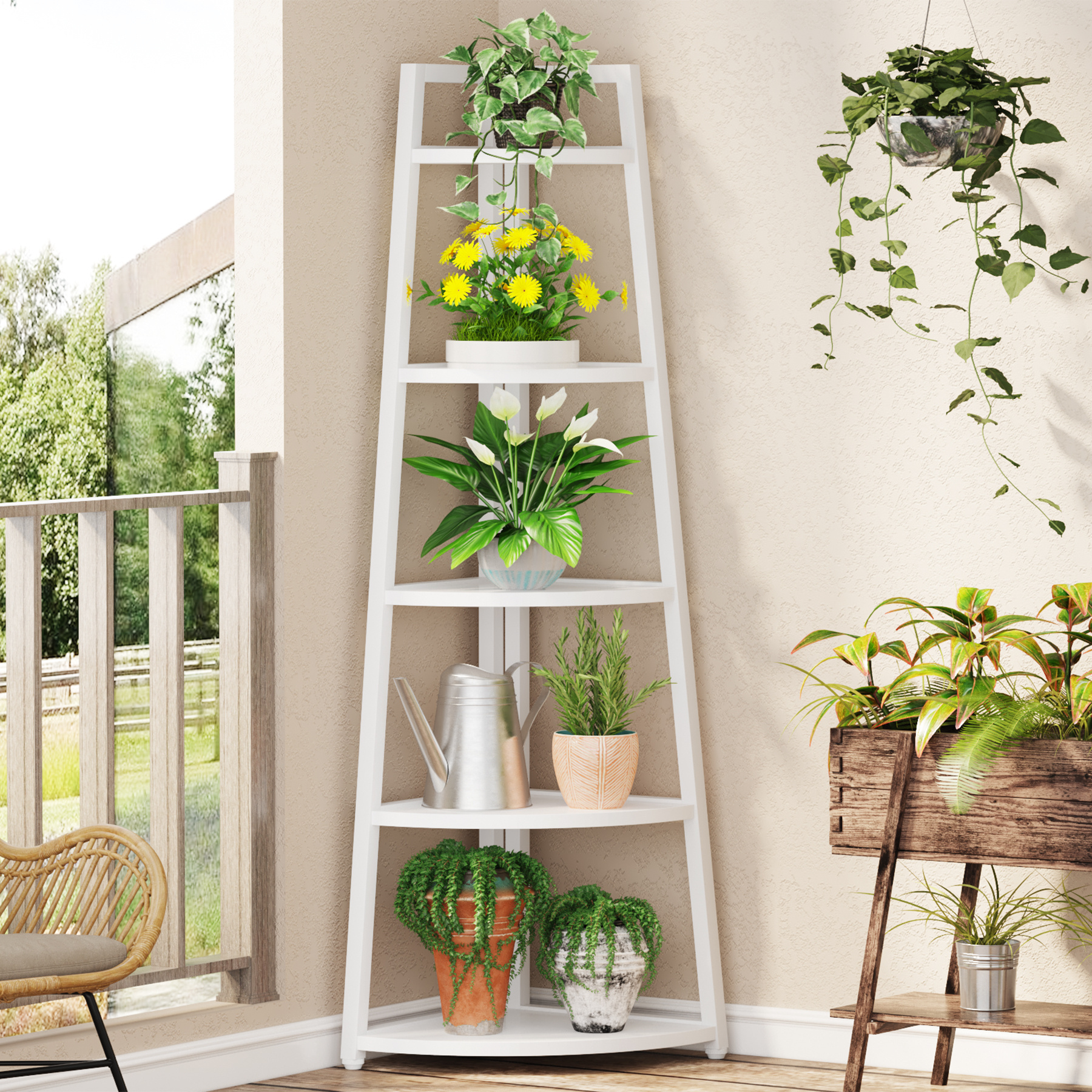 Modern White A-Shaped 5 Tier Bookshelf Corner Shelf For Narrow Corner Freestanding Shelf For Multi-Purpose