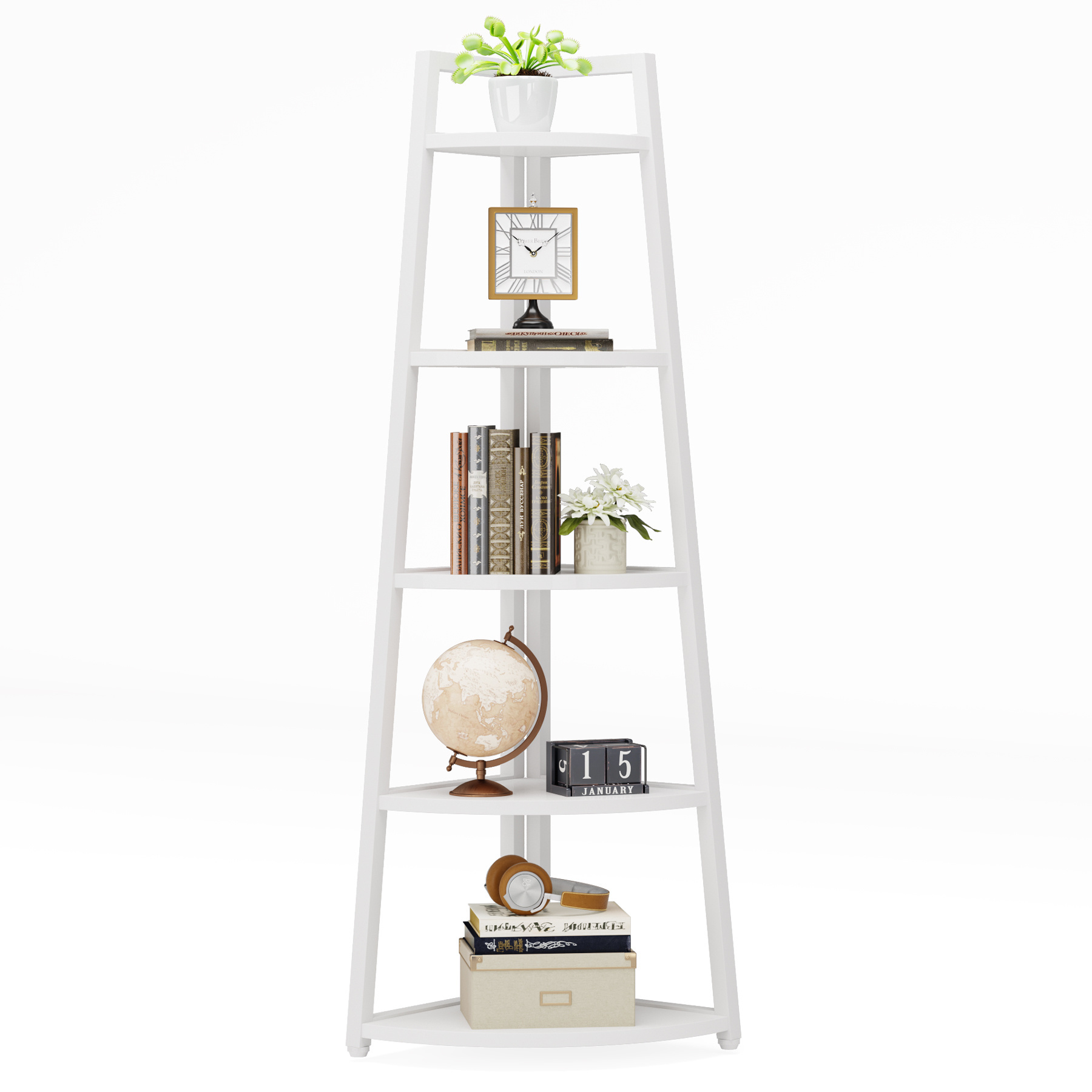 Modern White A-Shaped 5 Tier Bookshelf Corner Shelf For Narrow Corner Freestanding Shelf For Multi-Purpose