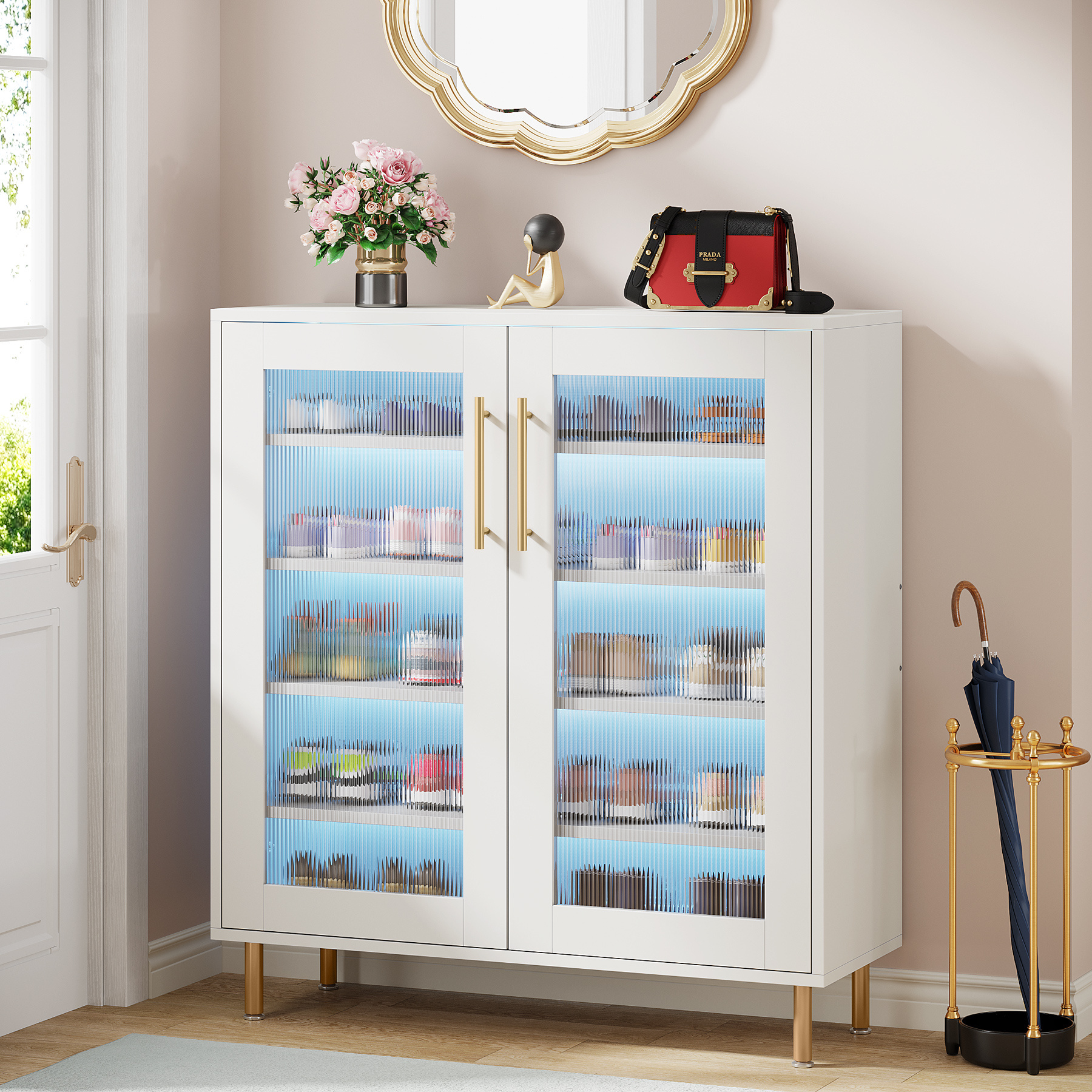 Smart Decorative LED Shoes Storage Cabinet With Removable Shelf And Acrylic Doors Narrow Ample Storage Shoes Rack