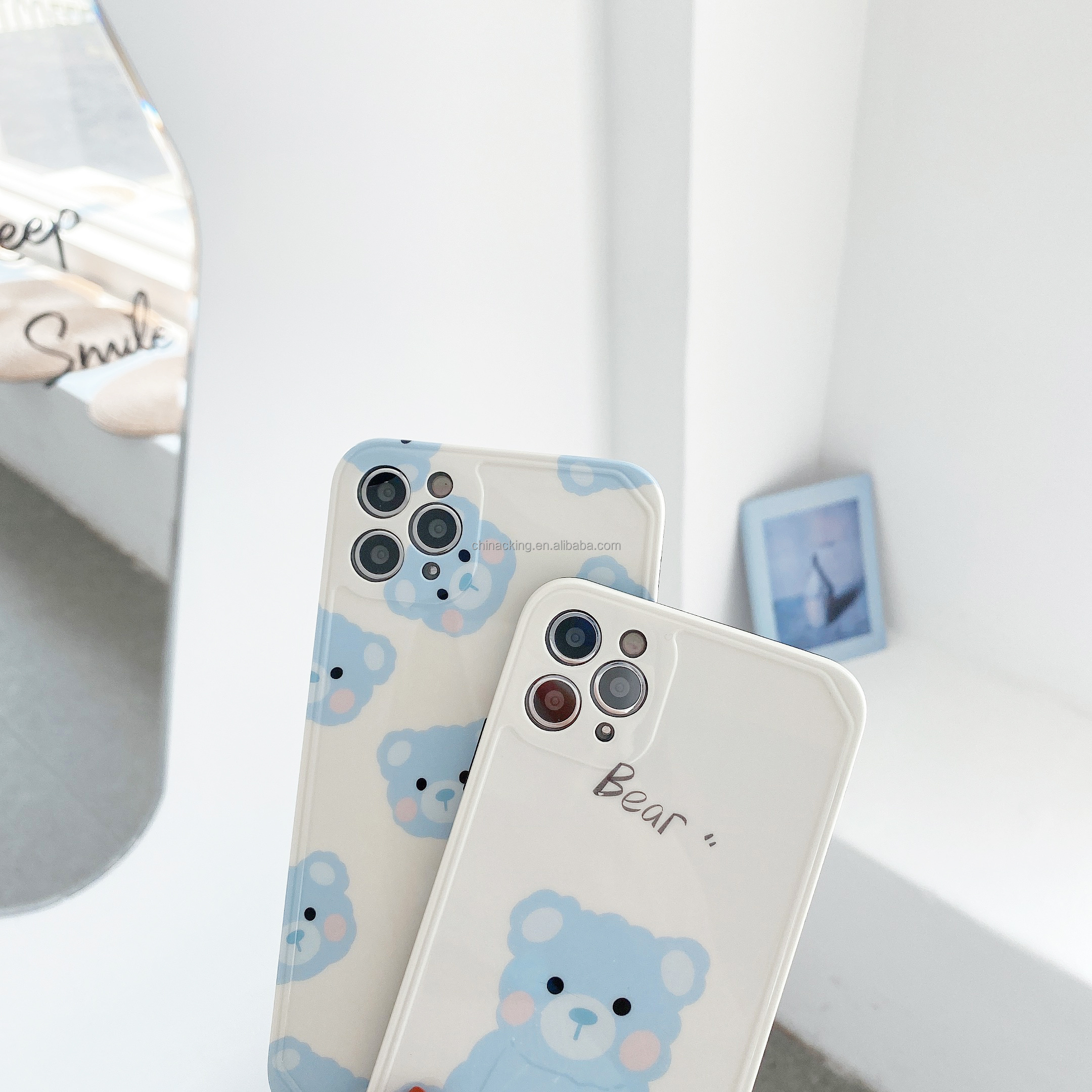 Cute Lovely Blue Bear Phone Case For iPhone 11 12 Pro Max X XR XS Max 7 8 Plus Photo Frame  Phone Back Cover