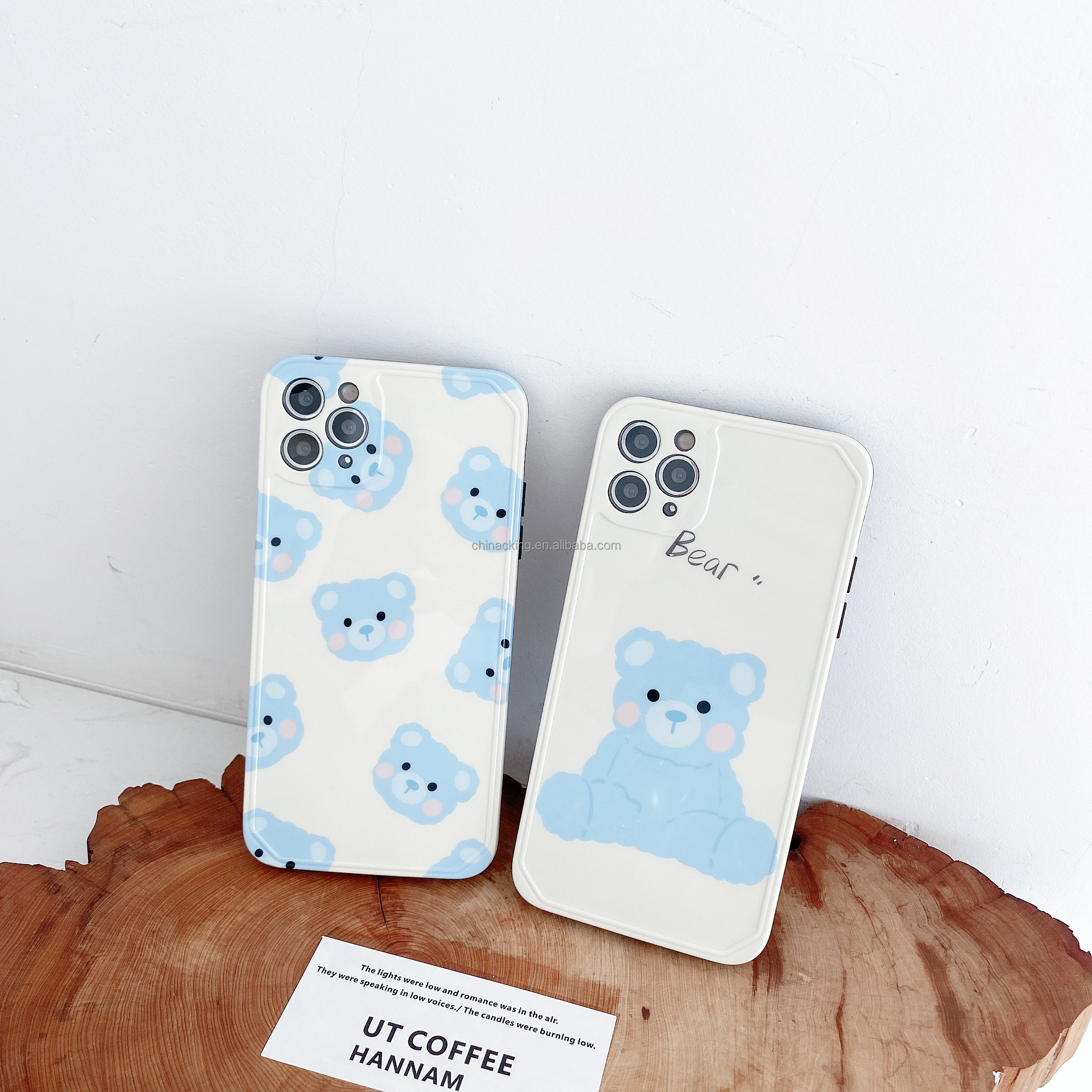 Cute Lovely Blue Bear Phone Case For iPhone 11 12 Pro Max X XR XS Max 7 8 Plus Photo Frame  Phone Back Cover