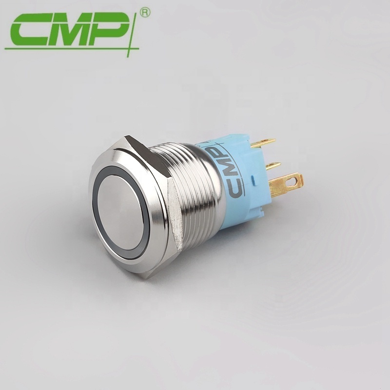 19mm or 22mm Chrome or Stainless Steel 5A  Momentary or Latching Blue LED 12v Power Push Button Switch