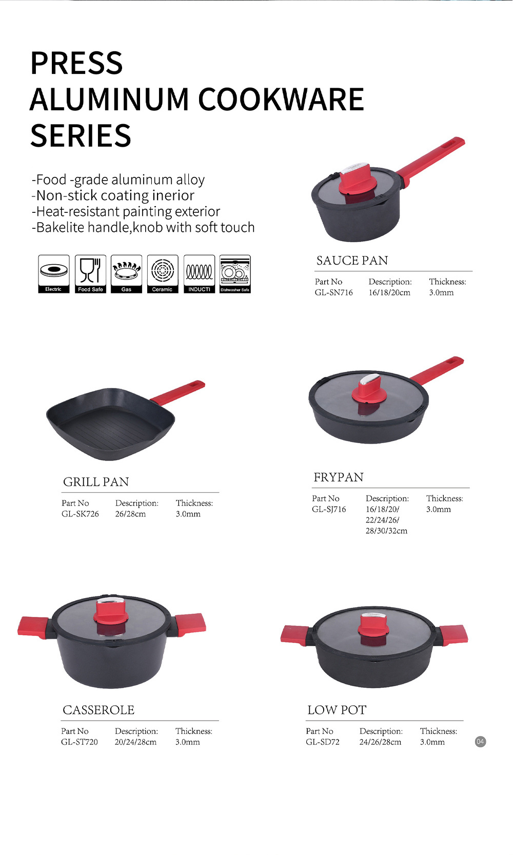 colli Cookware Set Aluminum Kitchenware Frying Pan Low Pot Casserole Baking Pan Set Nonstick Coated with Bakelite Handles