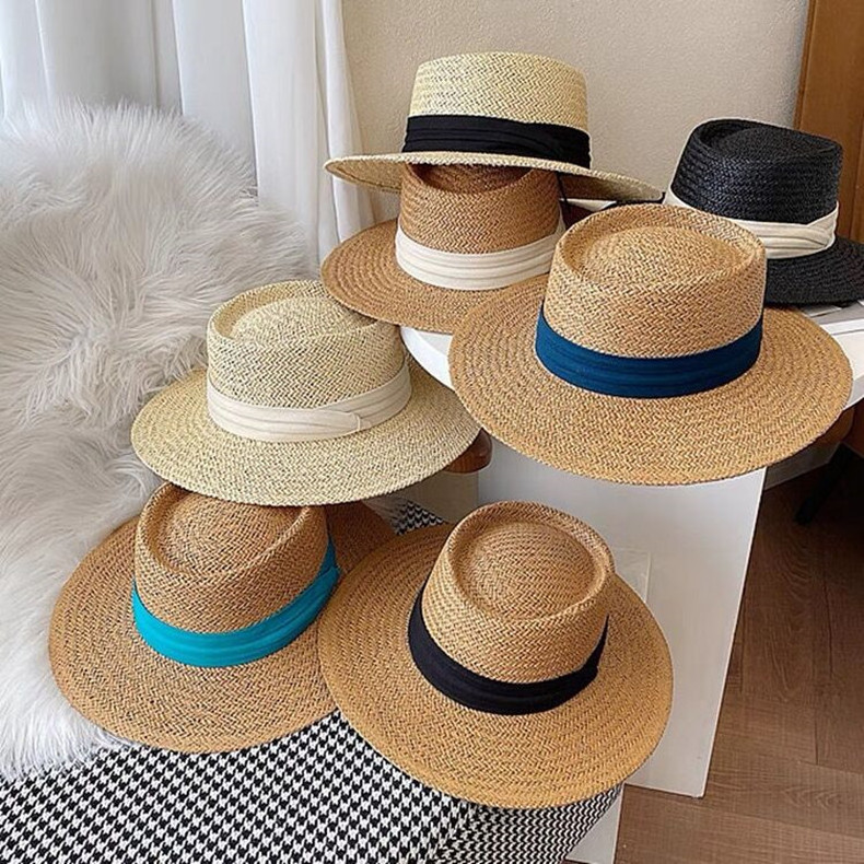 Hot Sale High Quality Sunscreen Vintage Panama Hat Summer Outdoor French Wide Brim Flat Roof Beach Sunshade Straw Hat For Women