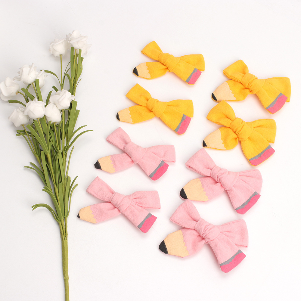 4 Inch Pencil Design Back to School Hairpins Yellow and pink Hair Bows with Clips for Girls Kids Boutique Accessories Hair Clips