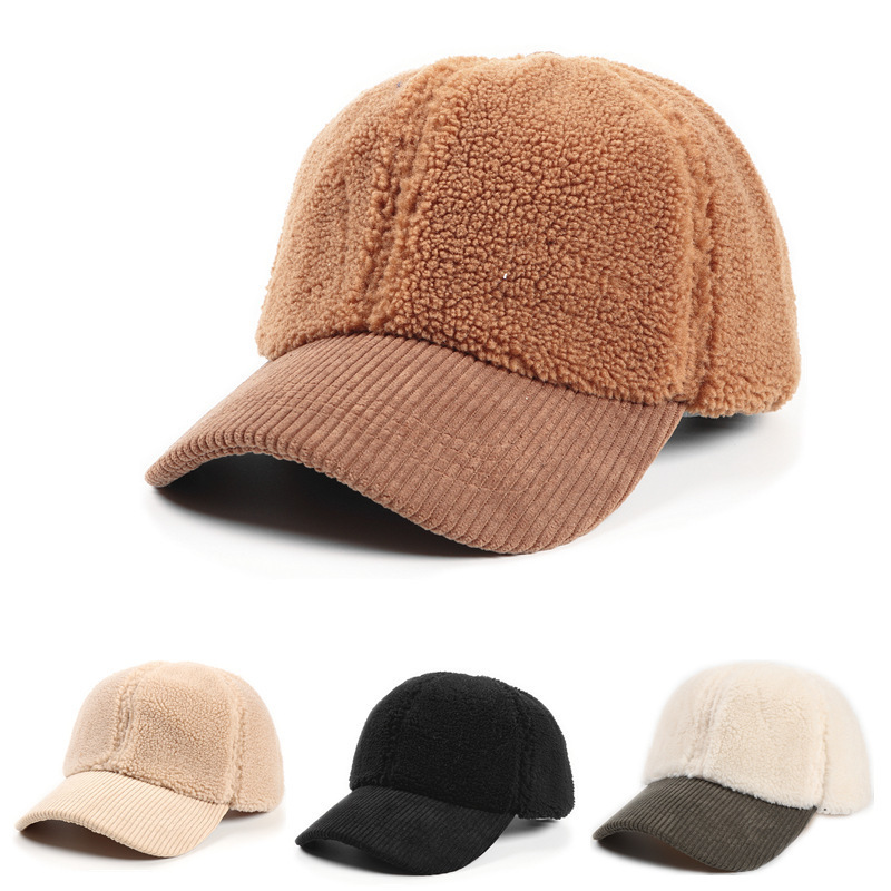 Custom Logo Outdoor Sports Lambswool Corduroy Splicing Peaked Cap Custom Wool Fur Baseball Hat Winter Warm Thick Baseball Cap