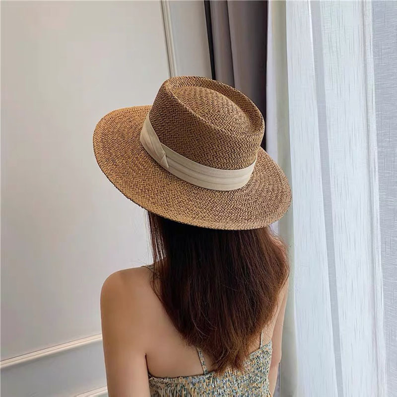 Hot Sale High Quality Sunscreen Vintage Panama Hat Summer Outdoor French Wide Brim Flat Roof Beach Sunshade Straw Hat For Women