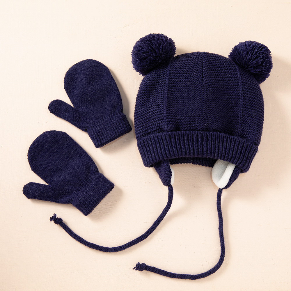 Wholesale Factory Children Winter Knitted Beanie Cap Gloves Set Outdoor Warm Beanie With Lining Kids Pom Pom Hat Gloves Set