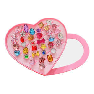 Adjustable Bling Cute Cartoon Plastic Resin Ring Kids Sweet Toy Jewelry Diamond Crystal Princess Children Ring Sets For Girls