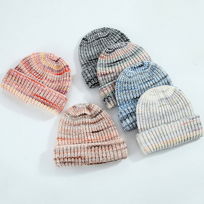 Wholesale Custom Label Logo Acrylic Wool Knit Beanie Colorful Fall Winter Hat Dyeing Striped Knitted Beanie For Man And Woman