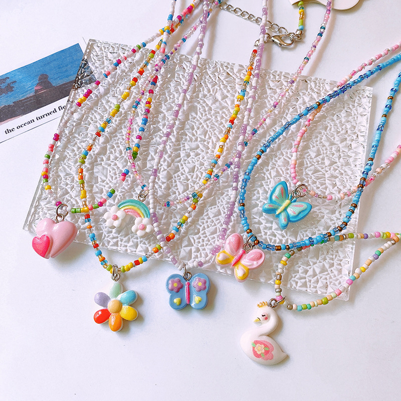 Fashion Jewelry Summer Resin Cartoon Sweet Cute Women Kids Girls Rainbow Butterfly Heart Flower Choker Bead Necklaces