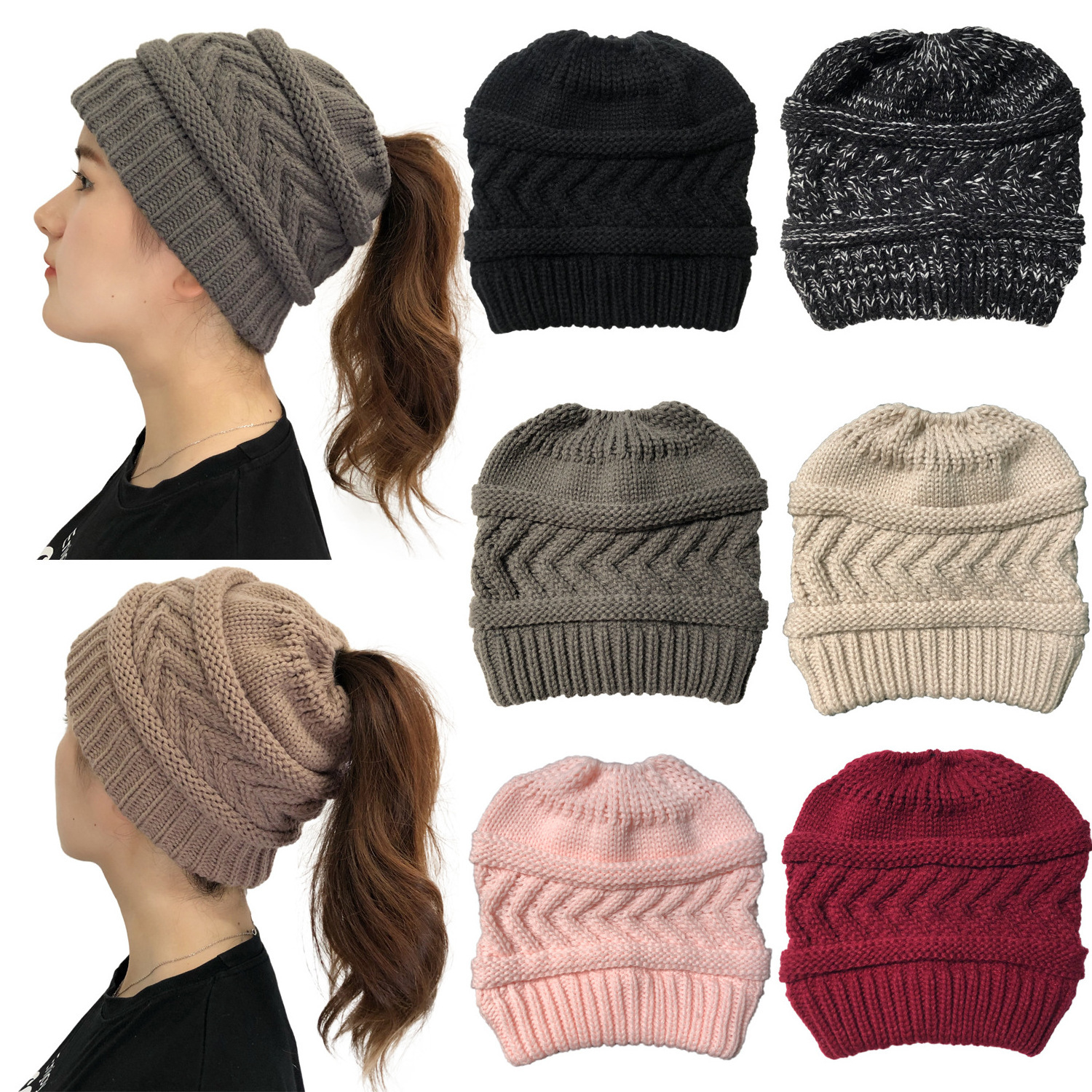 2023 New Hot Sale Women Winter Warm Knitted Hat Fashion Acrylic Beanies Custom Cable Knit Ponytail Beanie Toque Hat