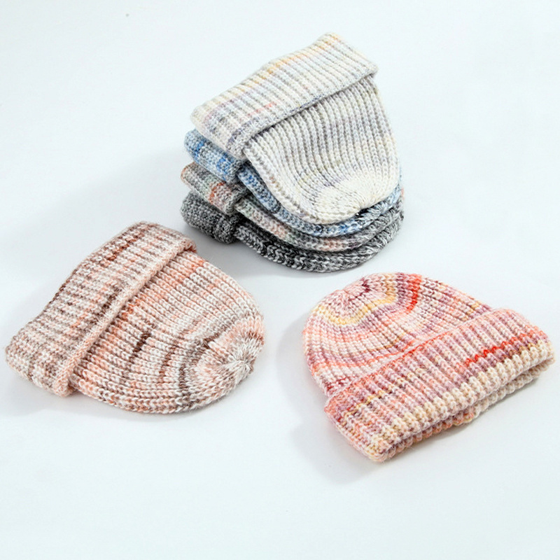 Wholesale Custom Label Logo Acrylic Wool Knit Beanie Colorful Fall Winter Hat Dyeing Striped Knitted Beanie For Man And Woman