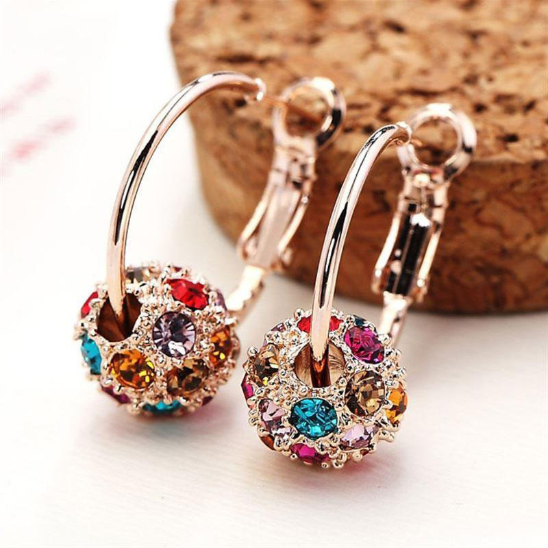 Korean 18k Gold Plated Diamond Ball Hoop Earrings Colorful Beaded Rhinestone Crystal Lucky Ball Charm Drop Earrings Jewelry