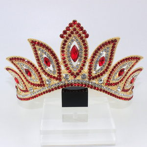 Bright Large Beauty Pageant Crown Wedding Hair Accessories Bridal Crown Tiara Red Rhinestone Jewelry Queen Crown