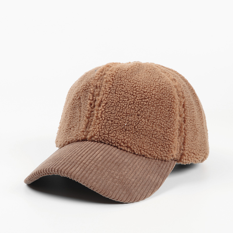 Custom Logo Outdoor Sports Lambswool Corduroy Splicing Peaked Cap Custom Wool Fur Baseball Hat Winter Warm Thick Baseball Cap