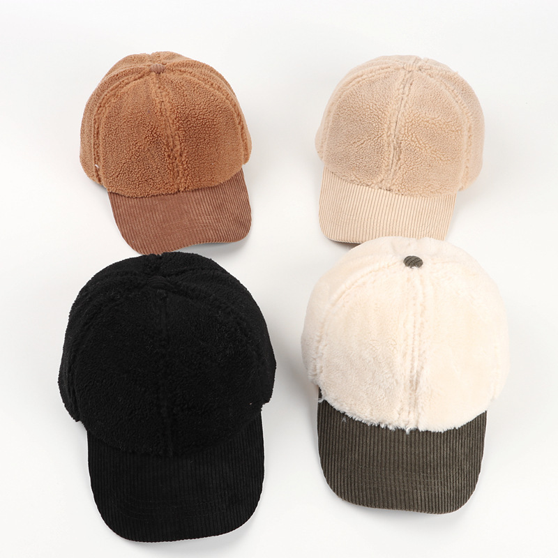 Custom Logo Outdoor Sports Lambswool Corduroy Splicing Peaked Cap Custom Wool Fur Baseball Hat Winter Warm Thick Baseball Cap