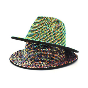 Sparkling Rhinestone Colorful Diamond Stage Hat For Women Men New Style Handmade Woolen Hat British Retro Woolen Jazz Hat