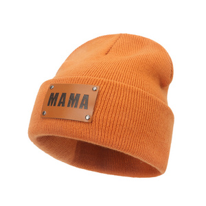 Christmas Gifts Hat 8 Colors Soft Acrylic Knit Mom Baby Hats Leather Patch Mommy And Me Winter Knitted Hat MAMA MINI Beanies