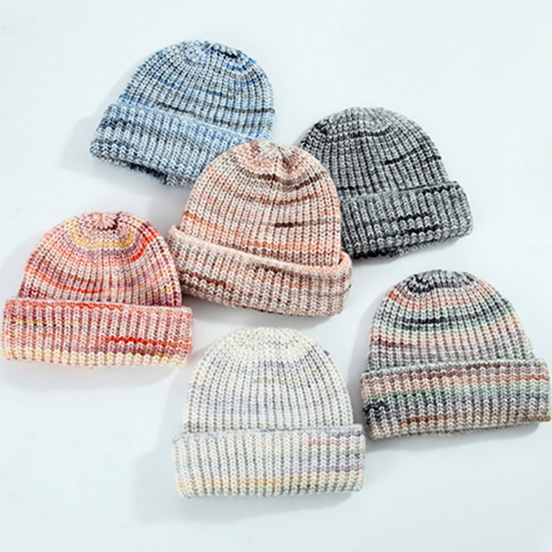 Wholesale Custom Label Logo Acrylic Wool Knit Beanie Colorful Fall Winter Hat Dyeing Striped Knitted Beanie For Man And Woman