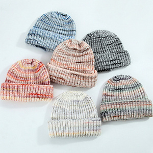 Wholesale Custom Label Logo Acrylic Wool Knit Beanie Colorful Fall Winter Hat Dyeing Striped Knitted Beanie For Man And Woman