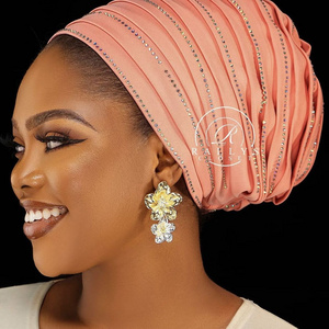 Wholesale Customization New Designer Women African Cap Bonnet Hijab Fashion Glitter Rhinestone Stretch Women's Gele Turban Hat