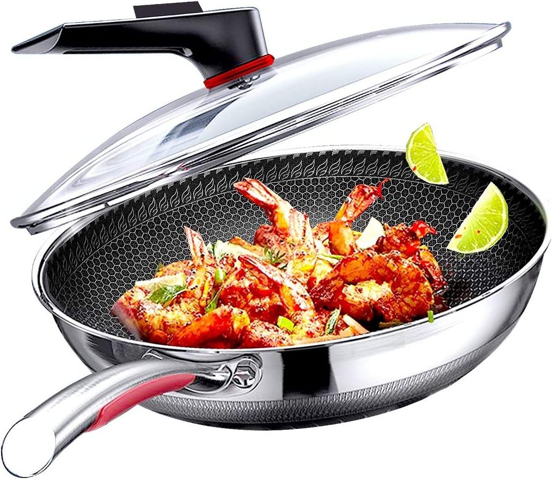 Stainless Steel Nonstick Wok pan with Lid, Stir fry honeycomb Wok, wok pan - non-stick stainless steel stir fry pans