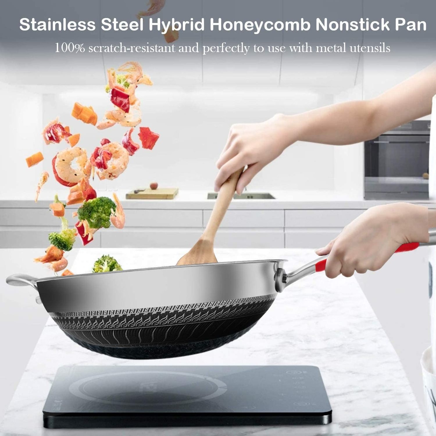 Stainless Steel Nonstick Wok pan with Lid, Stir fry honeycomb Wok, wok pan - non-stick stainless steel stir fry pans