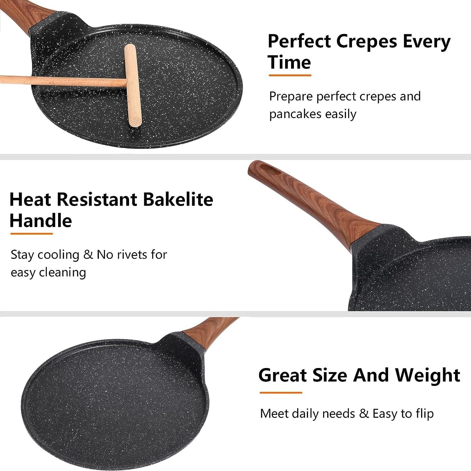 Granite Coating Flat Skillet Tawa Dosa Tortilla Pan Nonstick Crepe Pan with Spreader