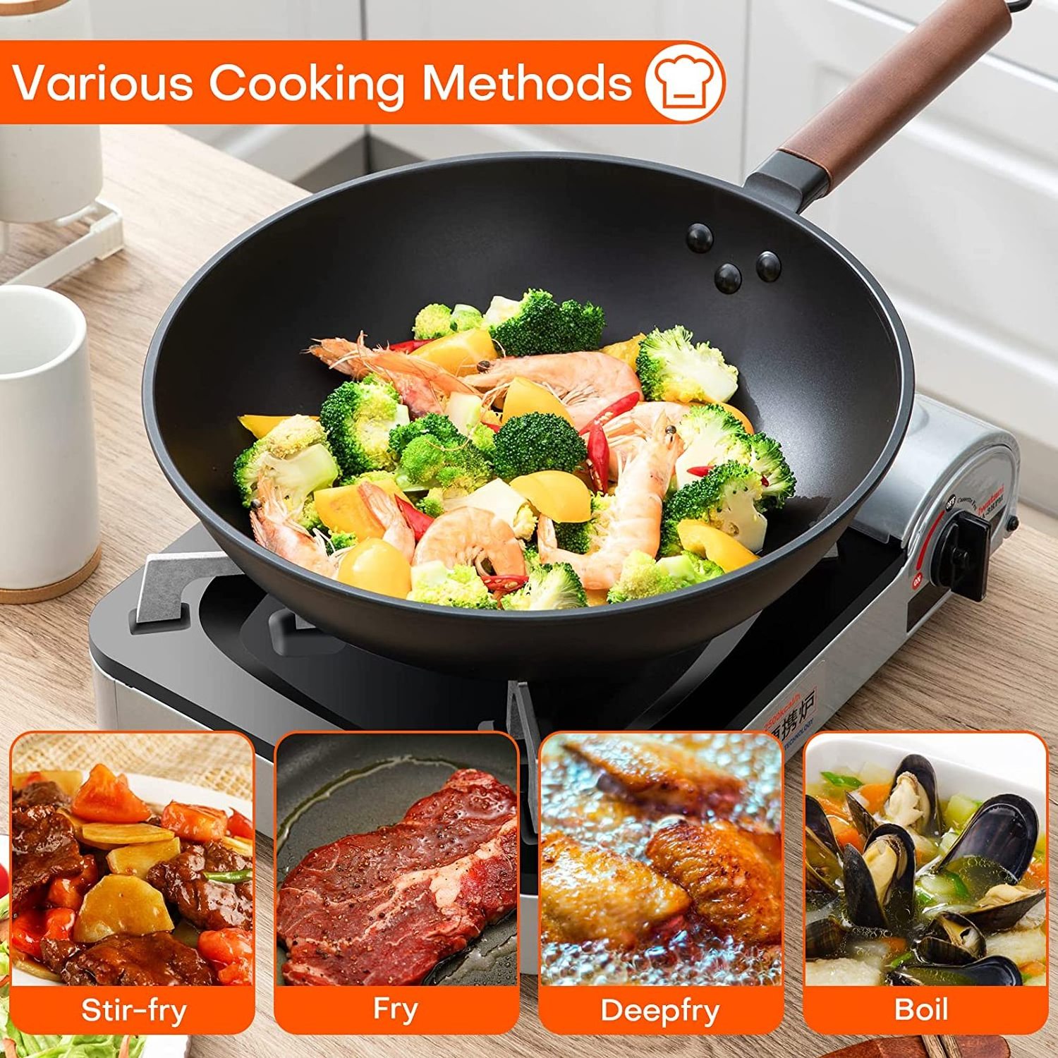 Nonstick Carbon Steel Wok Pan, Flat Bottom Asia Stir-fry Pot, Lid and Spatula, Ladle Available