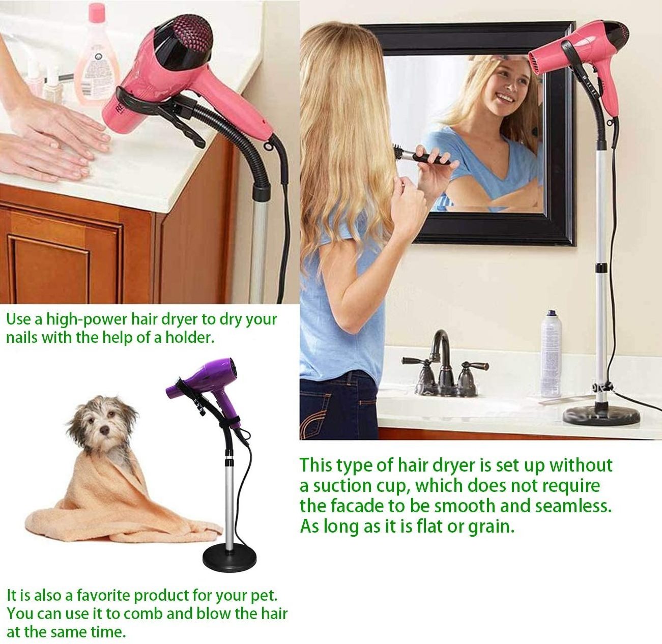 Adjustable Height Hair Dryer Holder 360 Degree Rotating Lazy Hair Dryer Stand Hand Free With Heavy Base, Hands-Free