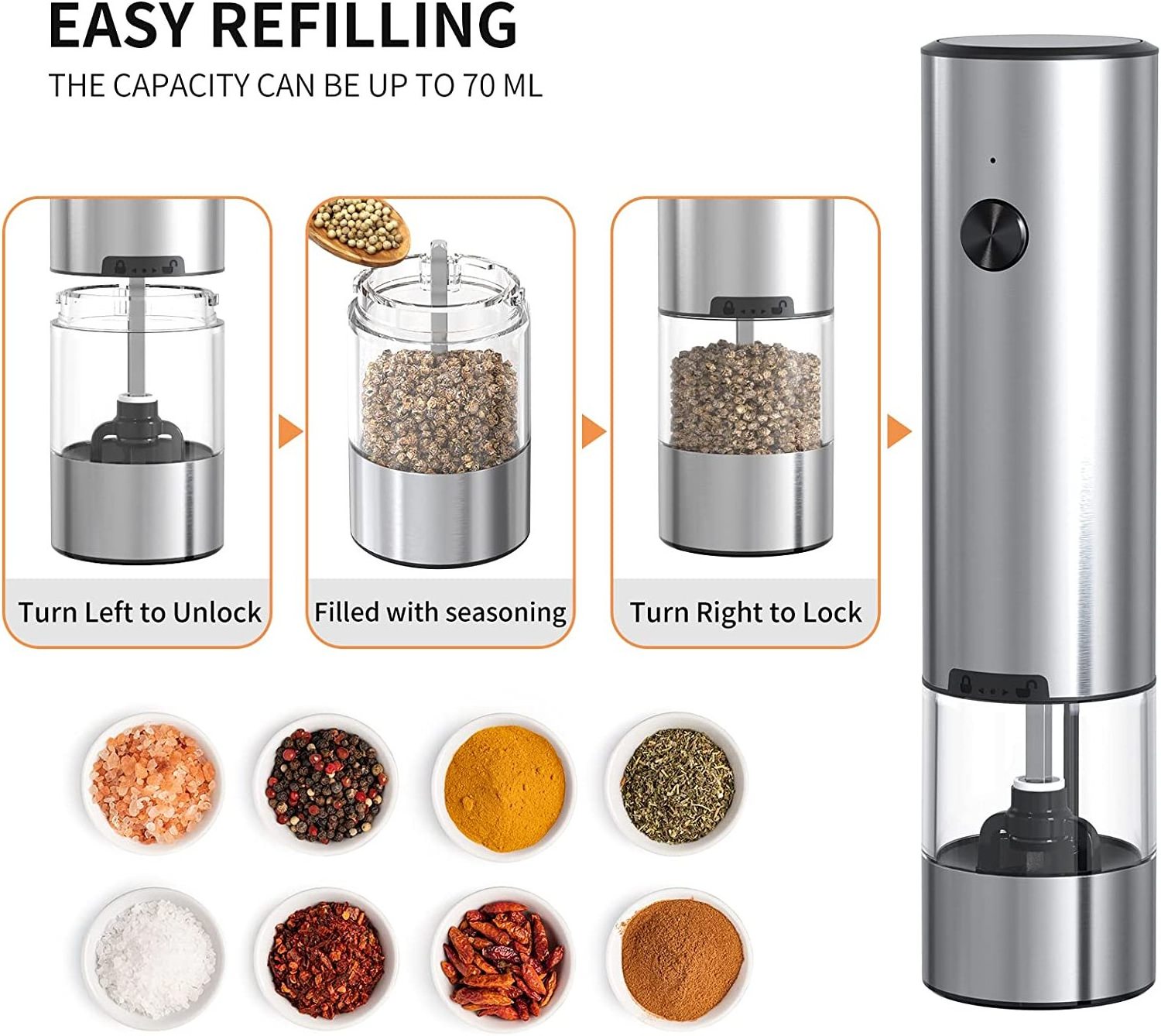 Rechargeable Electric Pepper Grinder Stainless Steel Pepper Mill with Transparent Container, White Led Light