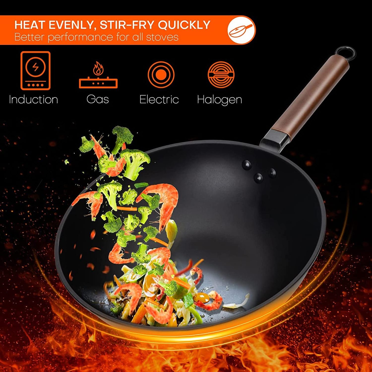 Nonstick Carbon Steel Wok Pan, Flat Bottom Asia Stir-fry Pot, Lid and Spatula, Ladle Available