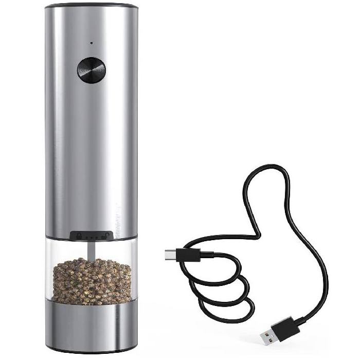 Rechargeable Electric Pepper Grinder Stainless Steel Pepper Mill with Transparent Container, White Led Light