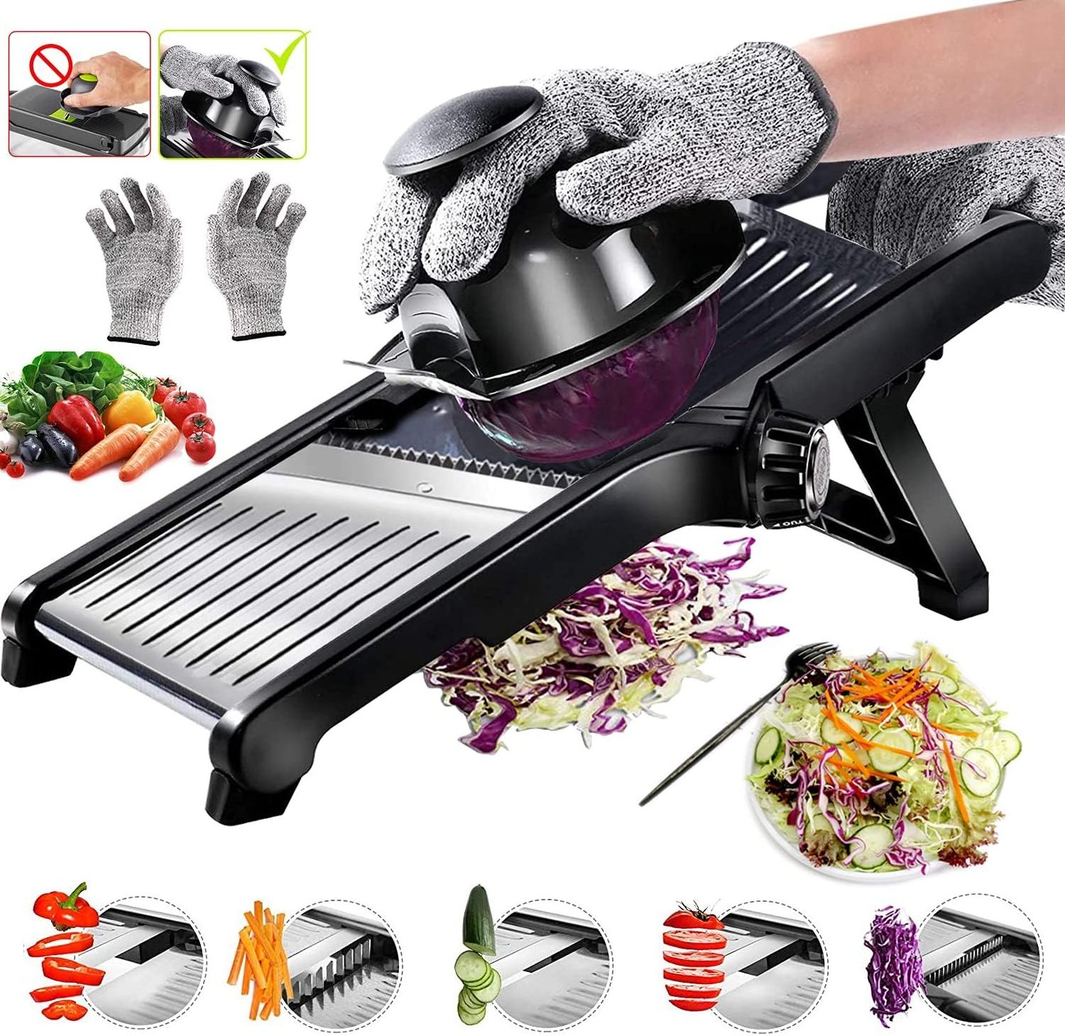 Adjustable Mandoline Slicer, Mandoline with Cut-Resistant Gloves, Kitchen Mandoline Slicer