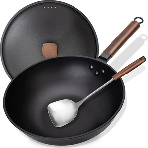 Nonstick Carbon Steel Wok Pan, Flat Bottom Asia Stir-fry Pot, Lid and Spatula, Ladle Available