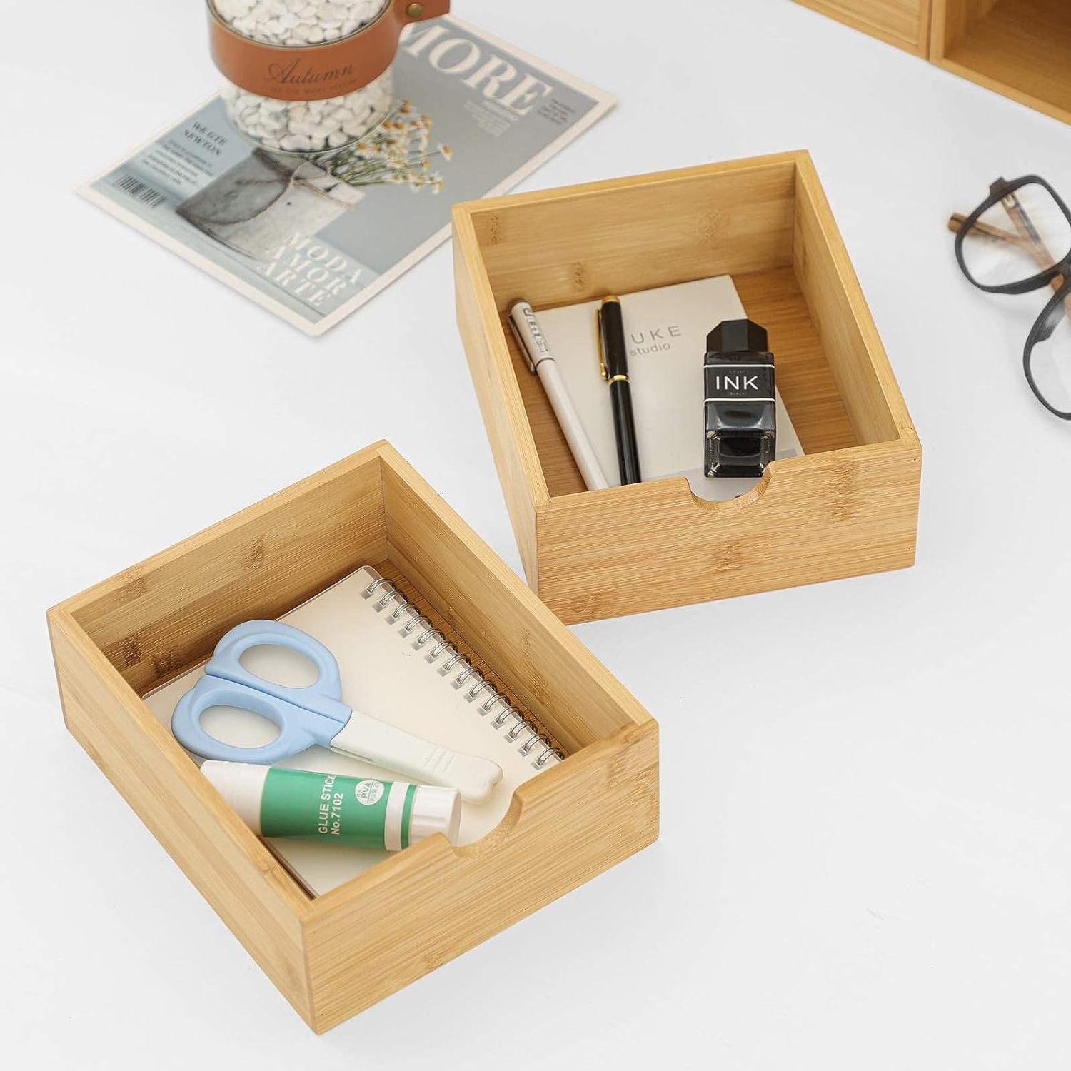 Bamboo Desk Organizer - Mini Desktop Drawer Tabletop Storage Organization Box for Office Home Toiletries Supplies