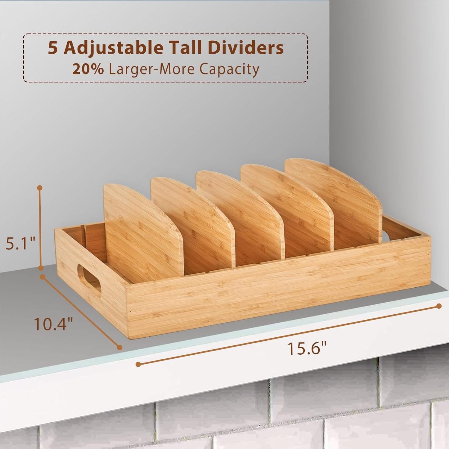 Large Food Container Lids Organizer Bamboo Organizer with 5 Tall Adjustable Dividers Lids Organization and Storage