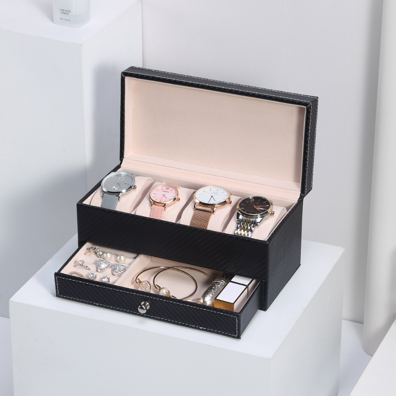 4 Slot Luxury PU Leather Drawer Watch Box Display Case Organizer Double Layer Jewelry Ring Necklace Storage Packaging Boxes