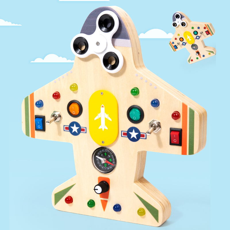 Montessori Busy Board for 1+ Year Old,LED Light Switch Plane Busy Board Toys with Buttons, Toddlers Wooden Sensory Board