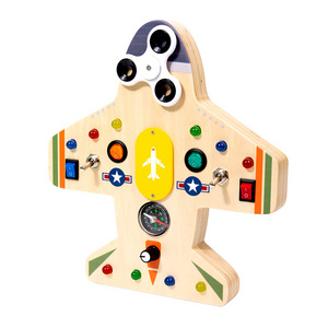 Montessori Busy Board for 1+ Year Old,LED Light Switch Plane Busy Board Toys with Buttons, Toddlers Wooden Sensory Board