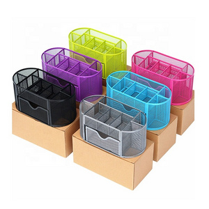 Metal Mesh Pen Holder 9 compartments pencil holder small pull-out drawer ready to delivery office school supplies desk organizer