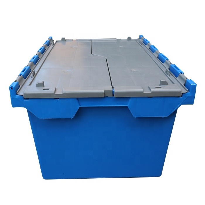 QS Heavy Duty Logistics Storage Stack Nest Turnover Tote Bins Plastic Moving Crate with Lid 80L Rectangle Solid Wall Large Box