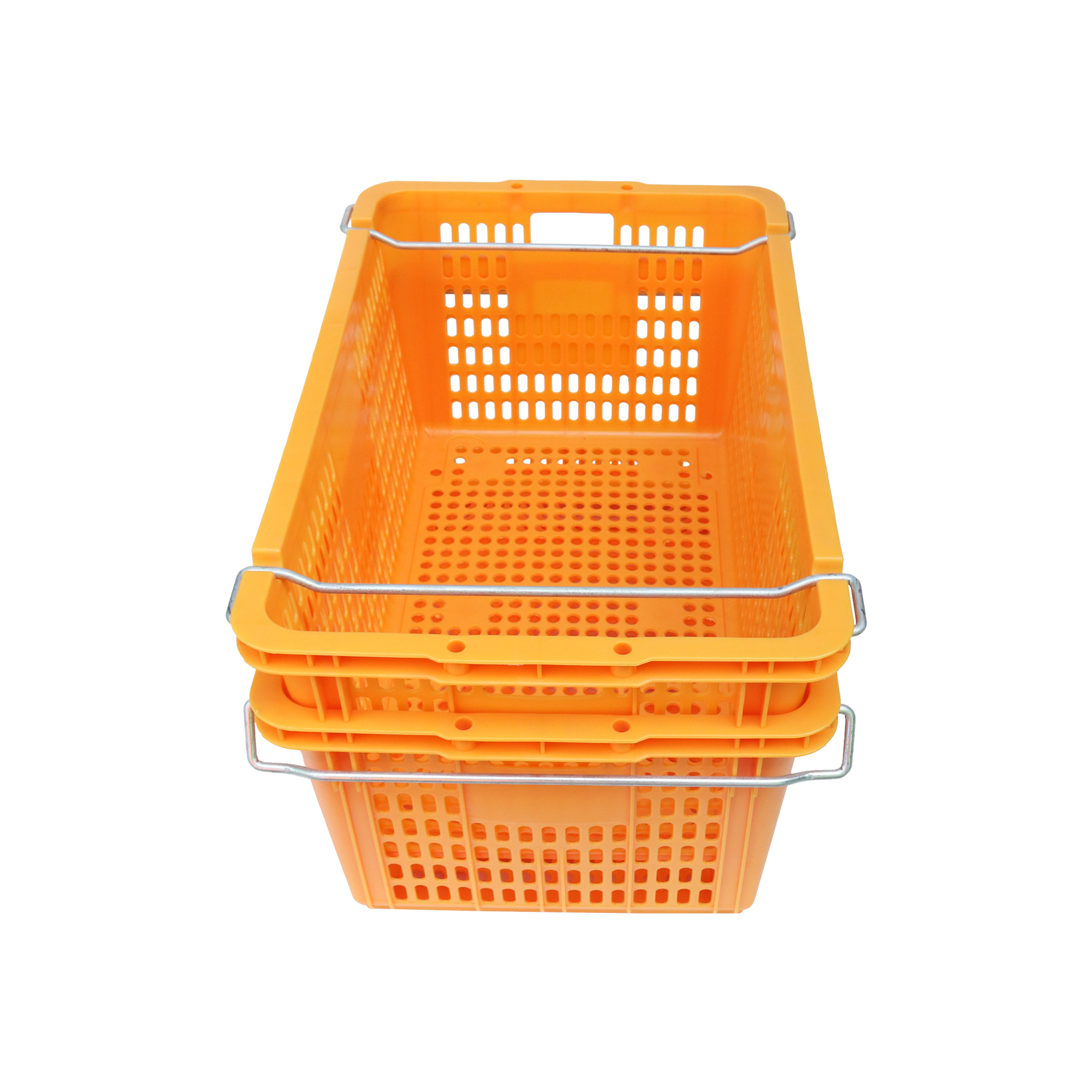 QS Hot Sale Blue Plastic Turnover Basket Storage Crate with Side Metal Handle and Holes for cloth