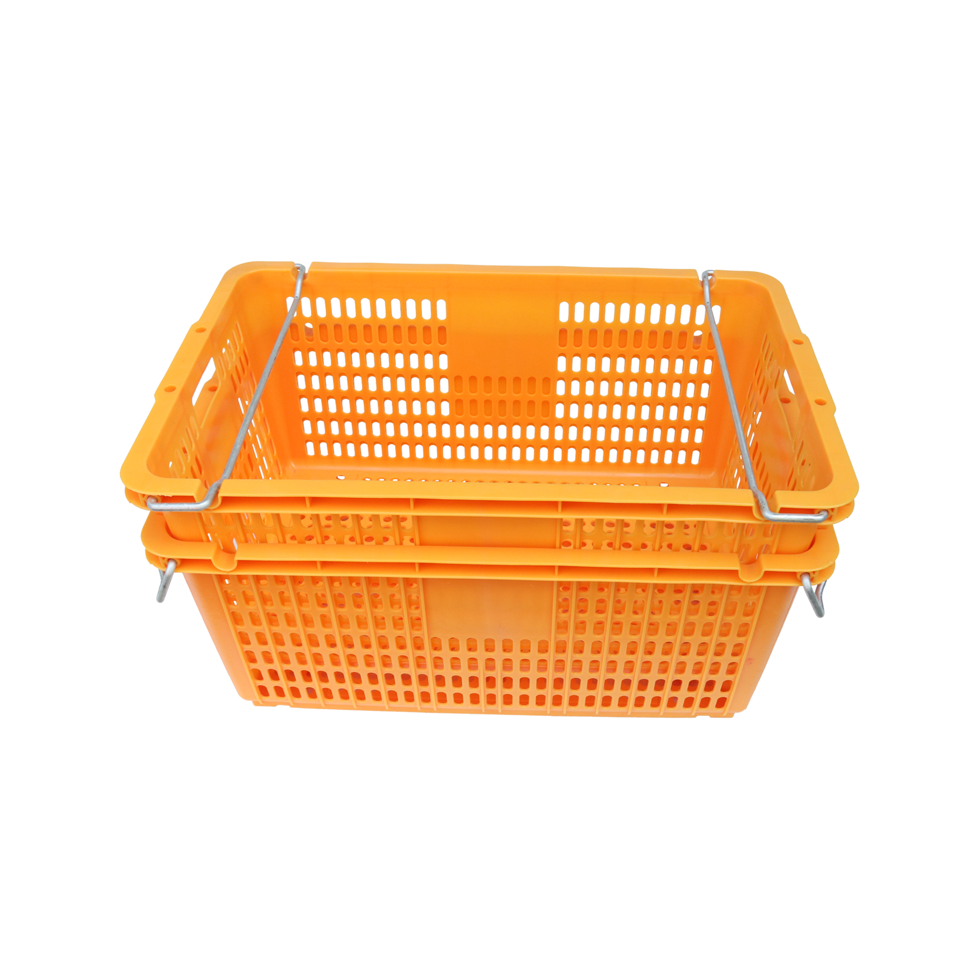 QS Hot Sale Blue Plastic Turnover Basket Storage Crate with Side Metal Handle and Holes for cloth