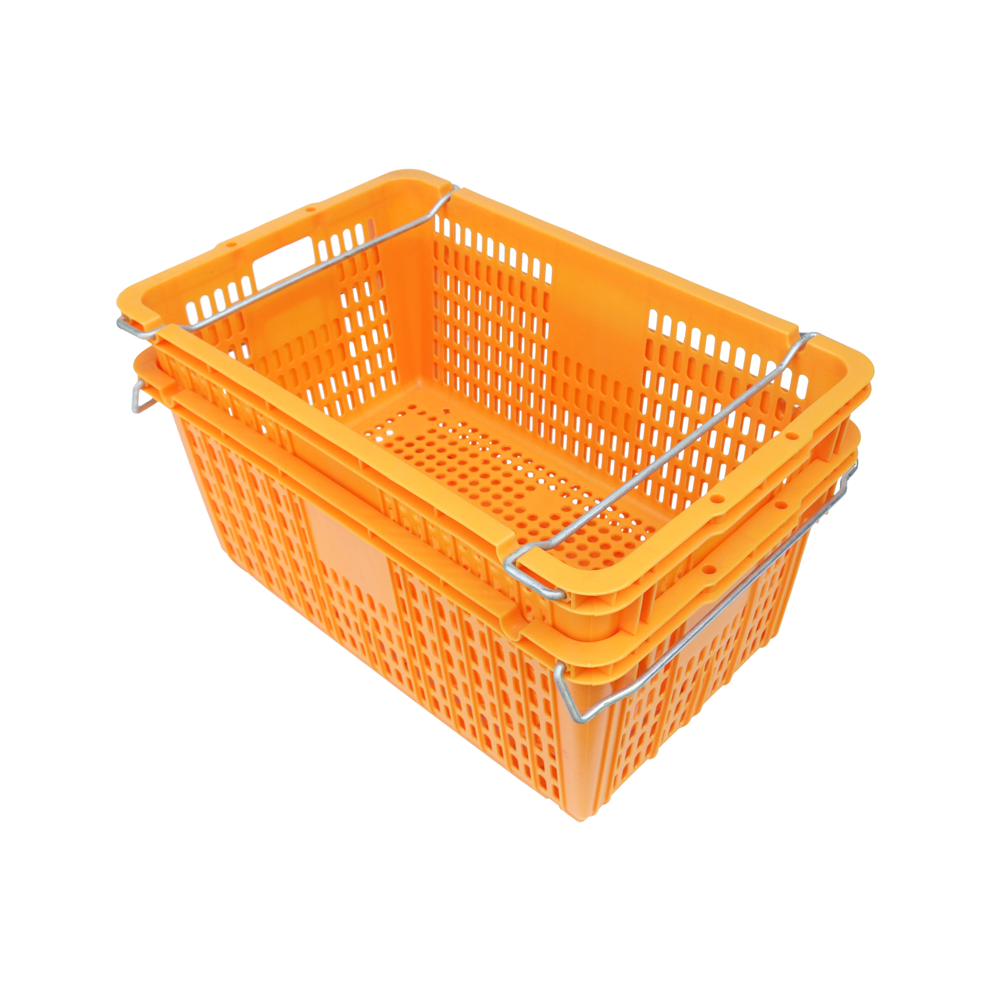 QS Hot Sale Blue Plastic Turnover Basket Storage Crate with Side Metal Handle and Holes for cloth