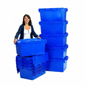 QS Heavy Duty Logistics Storage Stack Nest Turnover Tote Bins Plastic Moving Crate with Lid 80L Rectangle Solid Wall Large Box